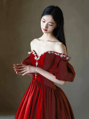 Burgundy Satin Rhinestone Floor Length Prom Dress, A-Line Off-The-Shoulder Princess Party Dress