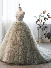 Gray Strapless Tulle Long Prom Dress, Beautiful A-Line Sweetheart Neck Formal Evening Dress