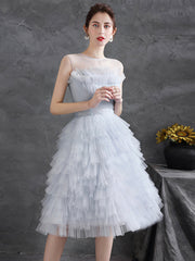 Gray Tulle Round Neck Party Dresses, Lovely Knee-Length Prom Dresses