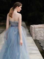 Grey-Blue Strapless Lace Long Prom Dress, A-Line Tulle Evening Party Dress