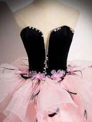 Pink Tulle and Black Velvet Strapless Party Gown, Pink Backless Ruffles Formal Evening Dress