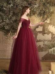 Burgundy Tulle Long A-Line Prom Dress, Off the Shoulder Evening Party Dress