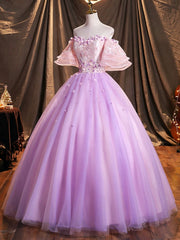 Purple Tulle Sequins Long Prom Dress, A-Line Off the Shoulder Evening Party Dress