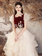 Burgundy Velvet and Champagne Tulle Long Prom Dress, Lovely A-Line Short Sleeve Evening Party Dress