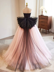 Black and Pink Tulle Lace Long Prom Dress, A-Line Strapless Evening Sweet 16 Dress