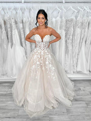 Champagne Tulle Lace Long Prom Dress, Elegant Strapless Formal Party Dress