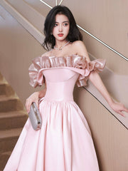 Off Shoulder Pink Satin Long Formal Dress, Pink Evening Dress Party Dress