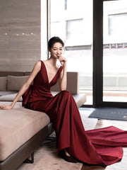 Burgundy V-Neck Satin Long Prom Dress, Elegant Backless Evening Party Dress