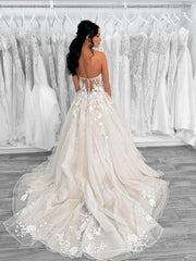 Champagne Tulle Lace Long Prom Dress, Elegant Strapless Formal Party Dress