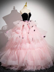 Pink Tulle and Black Velvet Strapless Party Gown, Pink Backless Ruffles Formal Evening Dress