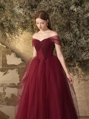 Burgundy Tulle Long A-Line Prom Dress, Off the Shoulder Evening Party Dress