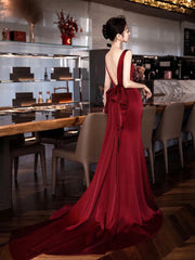 Burgundy V-Neck Satin Long Prom Dress, Elegant Backless Evening Party Dress