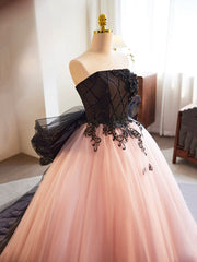 Black and Pink Tulle Lace Long Prom Dress, A-Line Strapless Evening Sweet 16 Dress