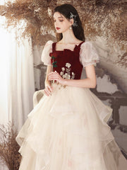 Burgundy Velvet and Champagne Tulle Long Prom Dress, Lovely A-Line Short Sleeve Evening Party Dress