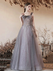 Gray Tulle Beaded Long Prom Dress, Beautiful Off the Shoulder Evening Party Dress