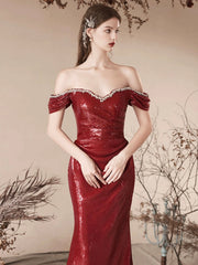 Burgundy Sequins Long Prom Dress, Mermaid Off the Shoulder Evening Party Dress