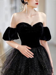 Black Velvet and Tulle Layers Long Formal Dress, Black Sweetheart Neck Evening Party Dress