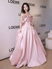 Off Shoulder Pink Satin Long Formal Dress, Pink Evening Dress Party Dress