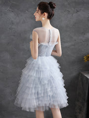 Gray Tulle Round Neck Party Dresses, Lovely Knee-Length Prom Dresses