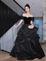 Black Velvet and Tulle Long Party Dress, Black A-Line Evening Dress Party Dress