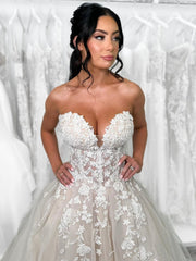 Champagne Tulle Lace Long Prom Dress, Elegant Strapless Formal Party Dress