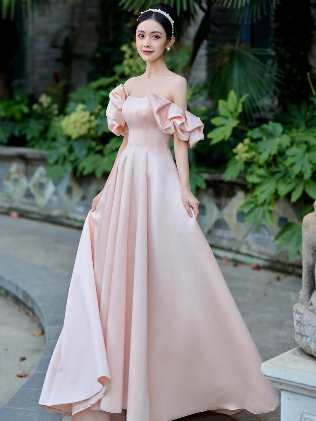 Pink Satin Floor Length Prom Dress, Off the Shoulder Evening Party Dress