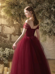 Burgundy Tulle Long A-Line Prom Dress, Off the Shoulder Evening Party Dress