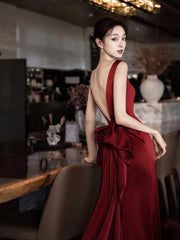 Burgundy V-Neck Satin Long Prom Dress, Elegant Backless Evening Party Dress