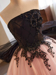 Black and Pink Tulle Lace Long Prom Dress, A-Line Strapless Evening Sweet 16 Dress