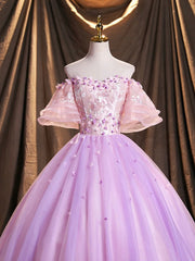 Purple Tulle Sequins Long Prom Dress, A-Line Off the Shoulder Evening Party Dress