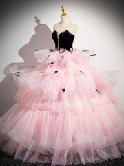 Pink Tulle and Black Velvet Strapless Party Gown, Pink Backless Ruffles Formal Evening Dress