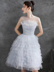 Gray Tulle Round Neck Party Dresses, Lovely Knee-Length Prom Dresses