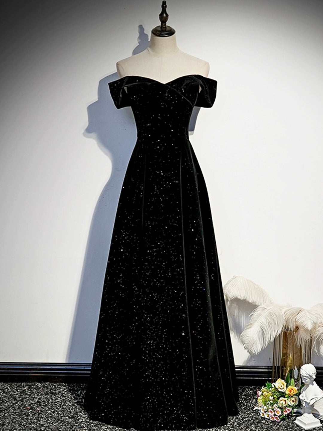 Black Velvet Long Prom Dress, Black Off the Shoulder Evening Party Dress