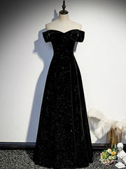 Black Velvet Long Prom Dress, Black Off the Shoulder Evening Party Dress