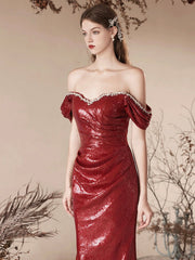Burgundy Sequins Long Prom Dress, Mermaid Off the Shoulder Evening Party Dress
