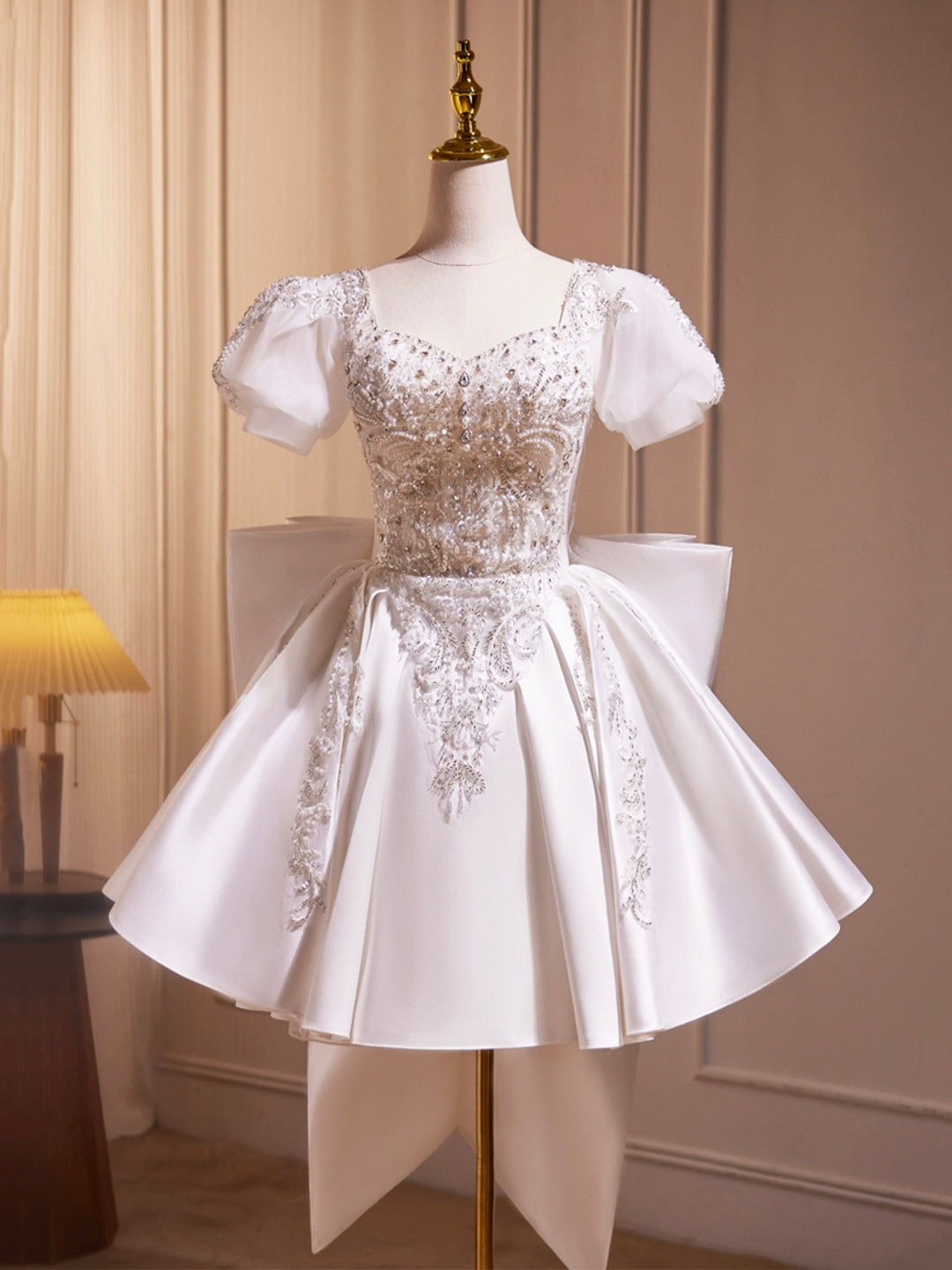 White Satin Beaded Knee Length Prom Dress, Cute A-Line Short Sleeve Party Dress with Bow