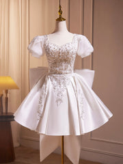 White Satin Beaded Knee Length Prom Dress, Cute A-Line Short Sleeve Party Dress with Bow