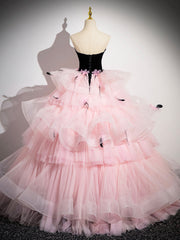 Pink Tulle and Black Velvet Strapless Party Gown, Pink Backless Ruffles Formal Evening Dress