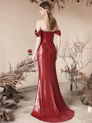 Burgundy Sequins Long Prom Dress, Mermaid Off the Shoulder Evening Party Dress