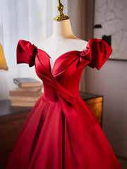 Dark Red Satin Long Prom Dress, Off the Shoulder A-Line Formal Evening Dress