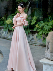 Pink Satin Floor Length Prom Dress, Off the Shoulder Evening Party Dress