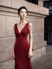 Burgundy V-Neck Satin Long Prom Dress, Elegant Backless Evening Party Dress