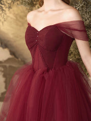 Burgundy Tulle Long A-Line Prom Dress, Off the Shoulder Evening Party Dress