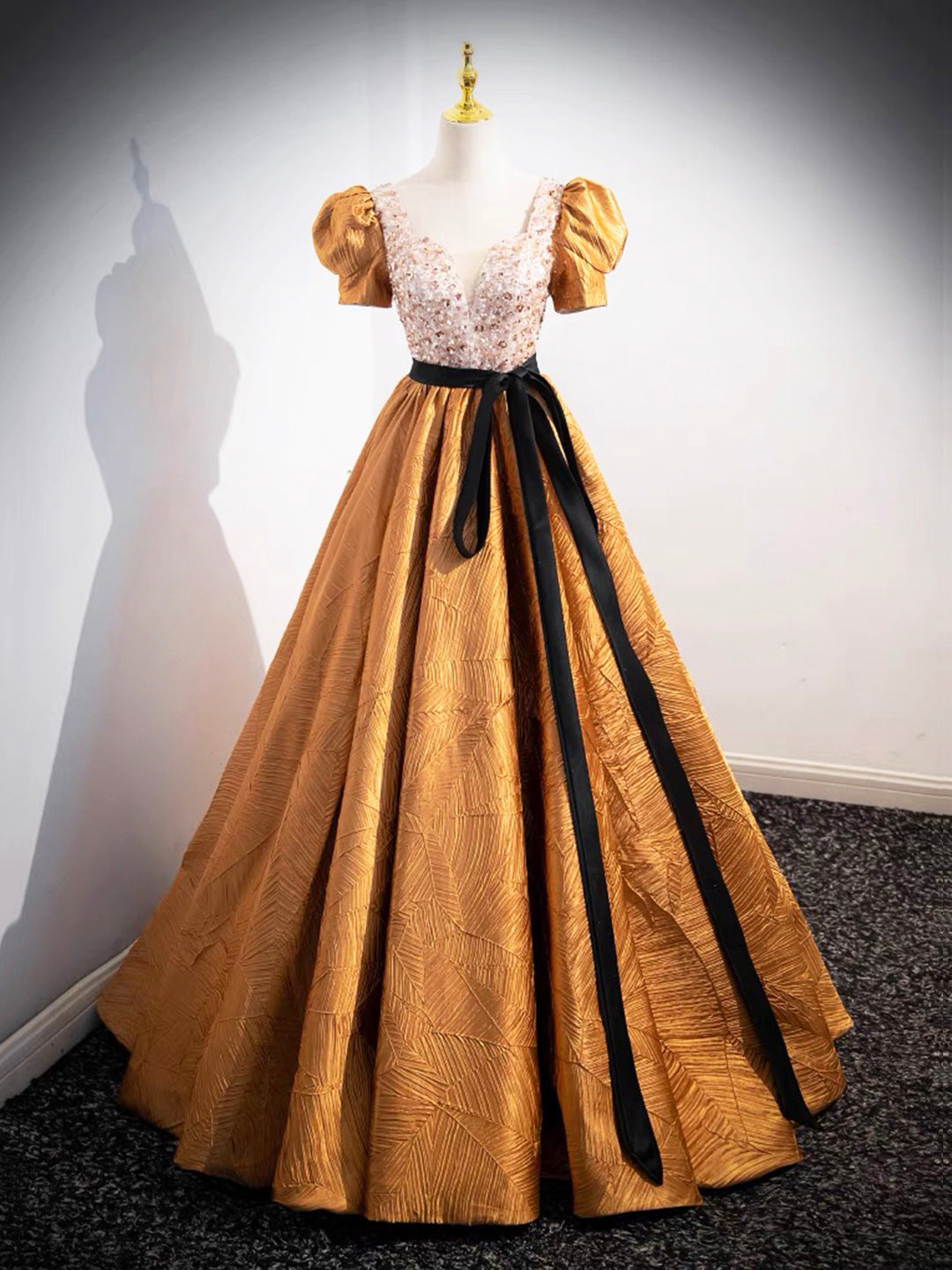 Unique V-Neck Beaded Floor Length Prom Dress, Beautiful A-Line Short Sleeve Party Dress