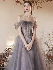 Gray Tulle Beaded Long Prom Dress, Beautiful Off the Shoulder Evening Party Dress