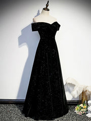 Black Velvet Long Prom Dress, Black Off the Shoulder Evening Party Dress