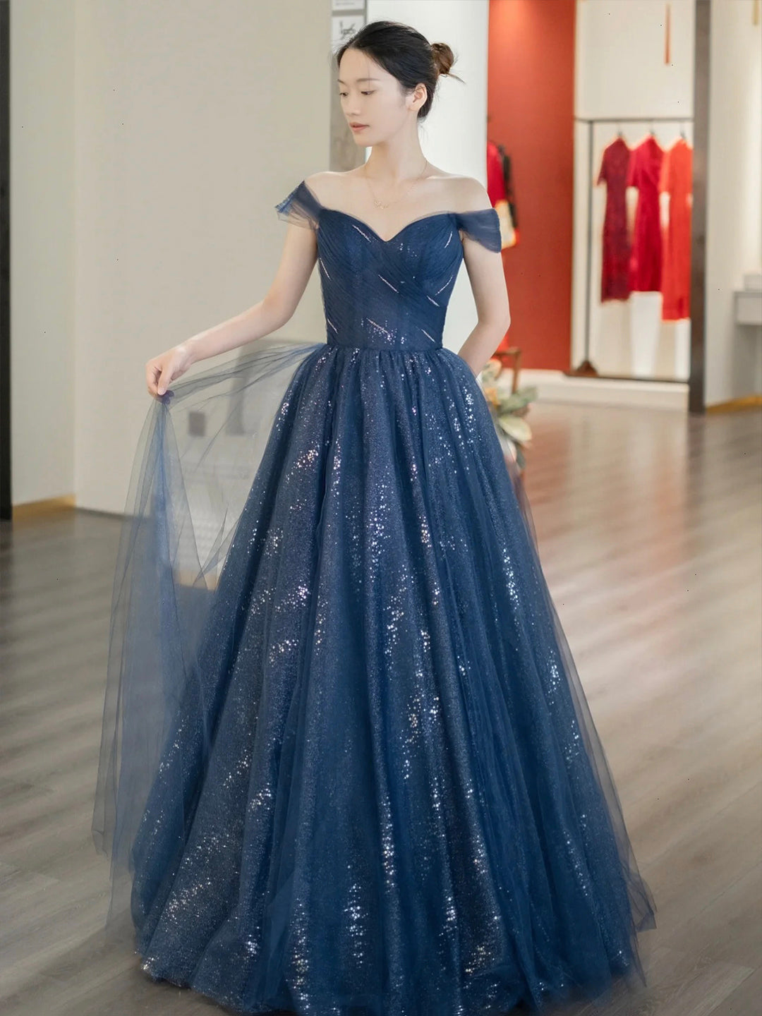 Blue Shiny Tulle Floor Length Prom Dress, Off the Shoulder A-Line Evening Party Dress