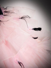 Pink Tulle and Black Velvet Strapless Party Gown, Pink Backless Ruffles Formal Evening Dress