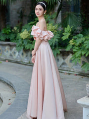 Pink Satin Floor Length Prom Dress, Off the Shoulder Evening Party Dress