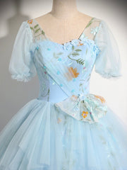 Blue Tulle Floor Length Prom Dress, Beautiful Short Sleeve Evening Party Dress